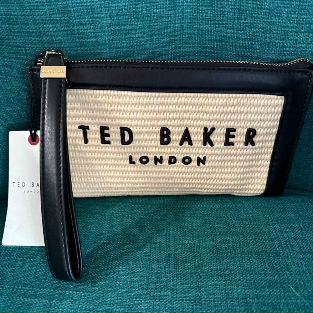 NWT Ted Baker London raffia wristlet in black and straw color